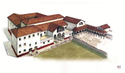 Roman Antiquite: reconstructie van de site van de domus van de maritieme poort (domus di porta marina) in Ostia antica (het oude Ostia) in de 4e eeuw, Italië. door Giorgio Albertini