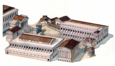 Romeinse oudheid: reconstructie van het Romeinse forum (foro romano) ten tijde van keizer Augustus (Caius Julius Caesar Octavianus Augustus) (63 BC-14 AD) door Giorgio Albertini