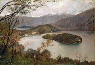 Uitzicht op Comacina-eiland, Comomeer, door Giorgio Belloni (1861-1944), olieverf op doek, 69,5x100 cm door Giorgio Belloni