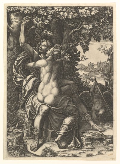 Angelica en Medoro, het paar omhelst elkaar, Medoro snijdt hun namen in de schors van een boom, ca. 1570 door Giorgio Ghisi