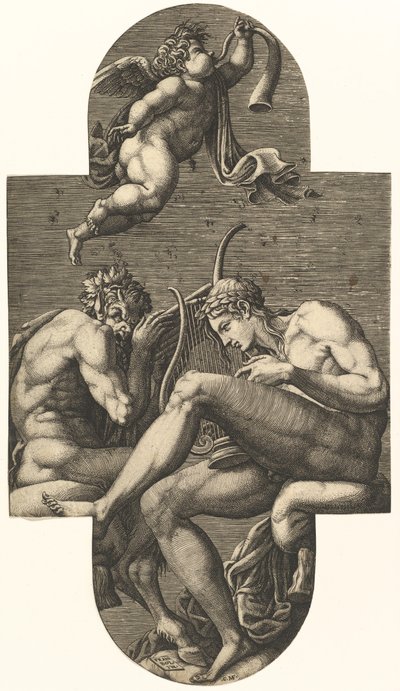 Apollo, Pan, en een putto die op een hoorn blaast, uit een serie van acht composities naar Frankrijk... door Giorgio Ghisi