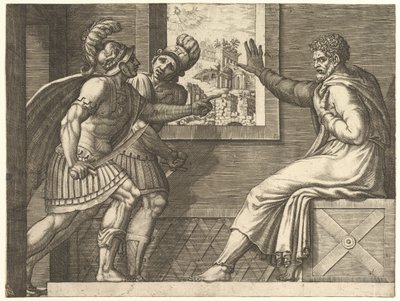 Caius Marius in de gevangenis, twee Cimbrian soldaten betreden zijn cel, 1560-69 door Giorgio Ghisi