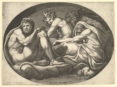Hercules, Bacchus, Pan en Saturnus, uit een serie van acht composities naar Francesco P..., 1560s door Giorgio Ghisi