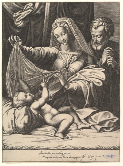 Madonna van Loreto, de Maagd tilt een sluier op boven het Kind, dat op een bed en kussen ligt, 1575 door Giorgio Ghisi