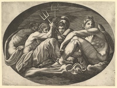 Pluto, Neptunus, Minerva en Apollo, uit een serie van acht composities naar Francesco P... door Giorgio Ghisi