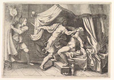 Tarquin valt Lucretia aan, een dienaar links getuige van de scène, ca. 1540 door Giorgio Ghisi