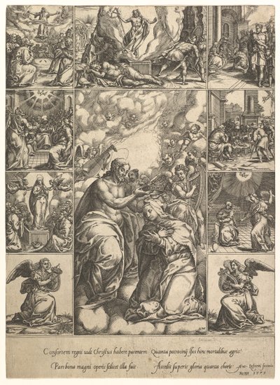 De kroning van de Maagd, omringd door negen vignetten met scènes uit het leven van..., vóór 1575 door Giorgio Ghisi