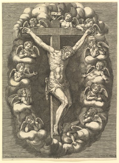 De gekruisigde Christus omringd door rouwende engelen, 1575-1679 door Giorgio Ghisi