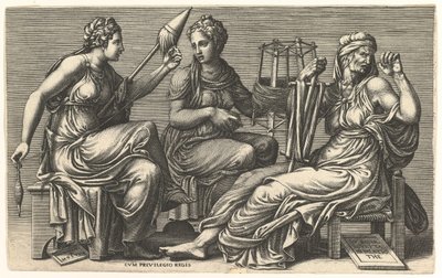 De drie schikgodinnen Clotho, Lachesis en Atropos, 1558-59 door Giorgio Ghisi