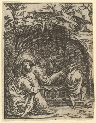 De Maagd van Smarten: De graflegging, een van de negen omliggende compartimenten, ca. 1575 door Giorgio Ghisi