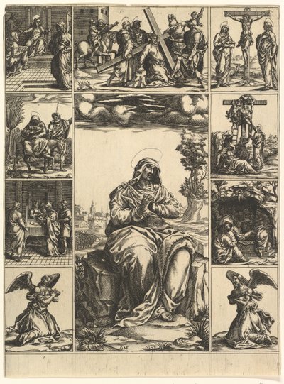 De Maagd van Smarten, een afbeelding van de Maagd Maria omringd door negen vignetten depict..., ca. 1575 door Giorgio Ghisi