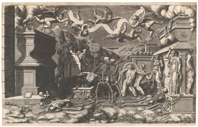 Het visioen van Ezechiël, een groep lijken en skeletten die uit graven opstaan, boven hen, 1554 door Giorgio Ghisi