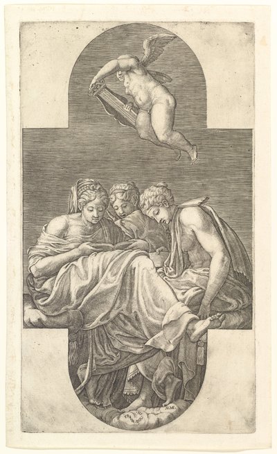 Drie muzen en een putto met een lier, een kruisvormige compositie, uit een serie van acht composities door Giorgio Ghisi