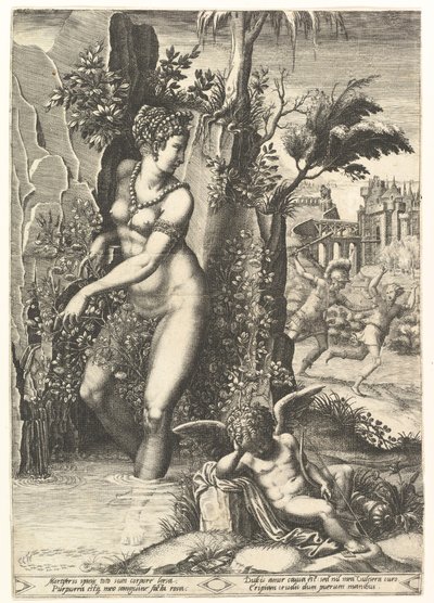 Venus geprikt door de doornen van een rozenstruik, op de achtergrond Mars die Adonis achtervolgt door Giorgio Ghisi