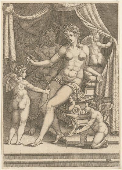 Venus en Vulcanus zittend op een bed door Giorgio Ghisi