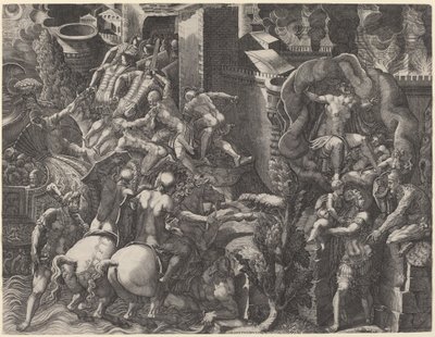 De Val van Troje en de Ontsnapping van Aeneas door Giorgio Ghisi after Giovanni Battista Scultori