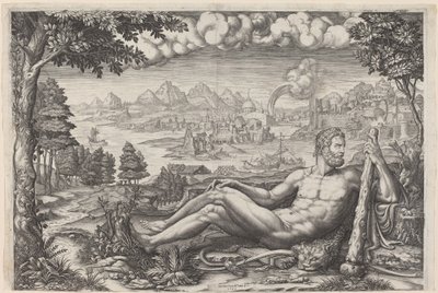 Hercules rustend van zijn werken door Giorgio Ghisi after Giulio Romano