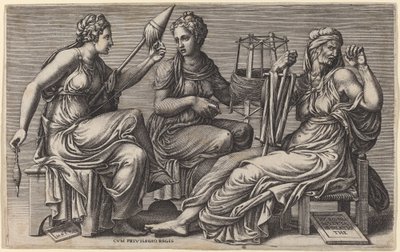 De drie schikgodinnen door Giorgio Ghisi after Giulio Romano