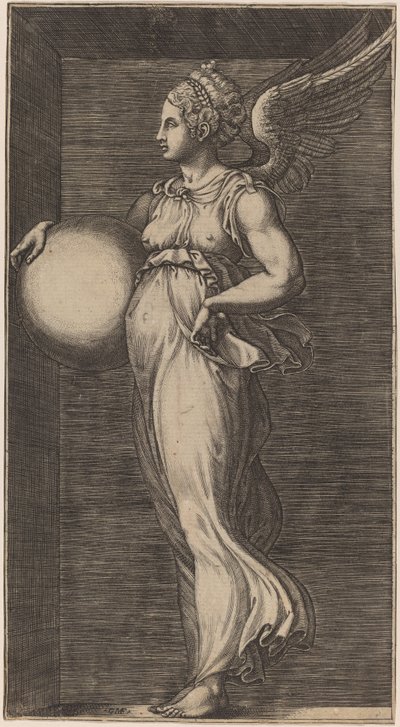 Allegorisch Figuur met een Bol door Giorgio Ghisi possibly after Giulio Romano