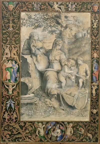 Rand van een verlicht manuscript rondom een tekening naar Rafaëls De Heilige Familie onder de eik door Giorgio Giulio Clovio