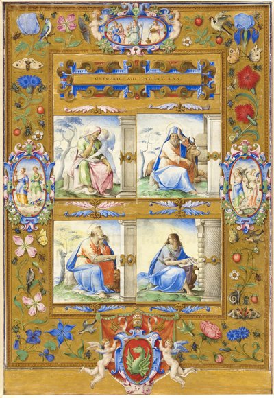 De vier evangelisten, binnen een rand van bloemen, vogels en insecten door Giorgio Giulio Clovio