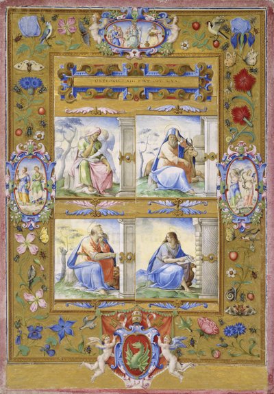 De vier evangelisten, binnen een rand van bloemen, vogels en insecten, 1572 door Giorgio Giulio Clovio