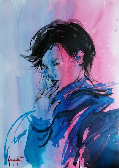 Dynamisch roze-blauw portret door Giorgio Gosti