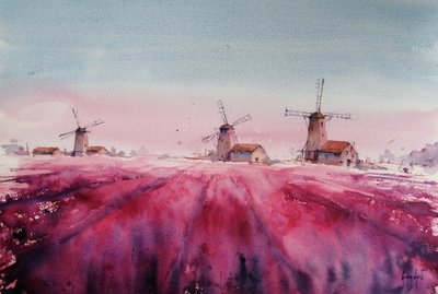 Landschap met lavendel en windmolen door Giorgio Gosti