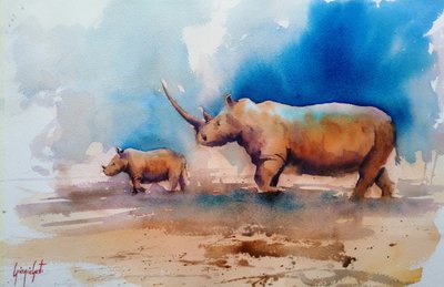 Moederneushoorn en kalf door Giorgio Gosti