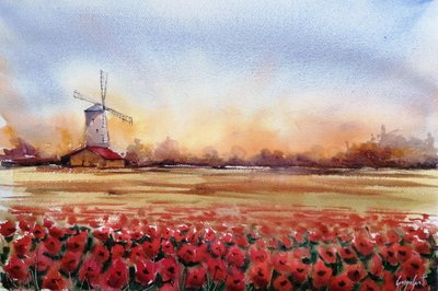 Rode klaprozen en windmolen door Giorgio Gosti