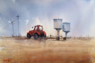 Rode tractor en torens door Giorgio Gosti