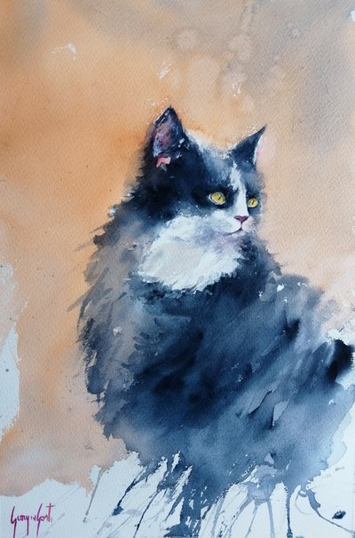 De waakzame aquarelkat door Giorgio Gosti