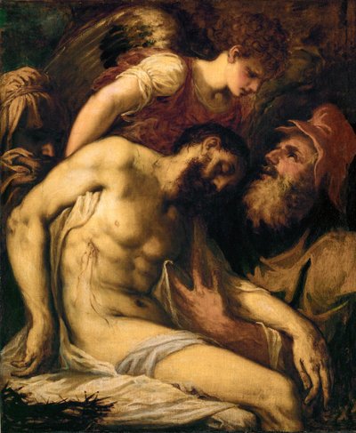 Dode Christus, ondersteund door een engel en door Jozef van Arimathea ... (schilderij op doek) door Giorgio Schiavone