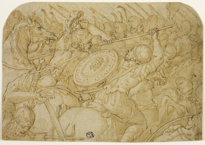 Cavaleriegevecht (recto); Architecturale schets (verso) door Giorgio Vasari