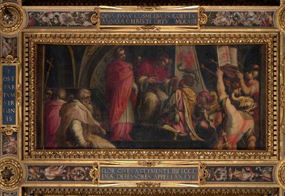 Clemente IV overhandigt zijn insignes aan de kapiteins van de Guelph Part door Giorgio Vasari