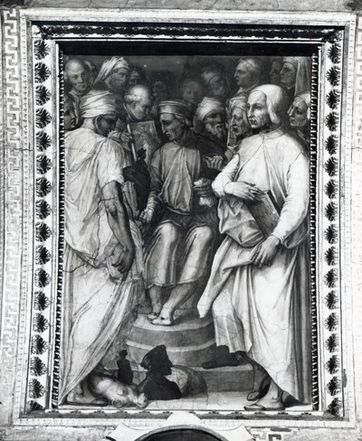 Cosimo de Medici zittend tussen filosofen en kunstenaars in de Sala di Cosimo il Vecchio door Giorgio Vasari