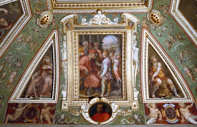 (detail) van de kamer van Cosimo de Medici die zichzelf met Sante Bentivoglio, gouverneur van de stad Bologna voorstelt (fresco) door Giorgio Vasari