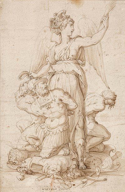 Gevleugelde Victoria met palmblad en drie knielende gevangenen door Giorgio Vasari