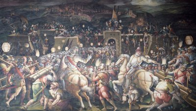 Italië, Florence, Palazzo Vecchio (Oud Paleis), Salone dei Cinquecento, Inname van Fort bij Port Camollia in Siena door Giorgio Vasari