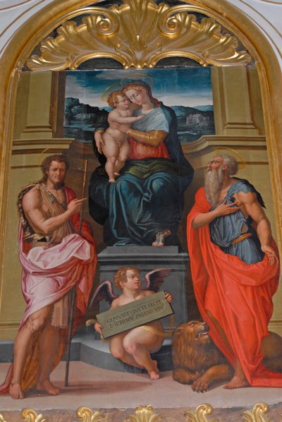 Madonna en Kind tussen Sint Johannes de Doper en Sint Hiëronymus, schilderij door Giorgio Vasari, kerk in Camaldoli klooster, Camaldoli, Toscane, Italië door Giorgio Vasari