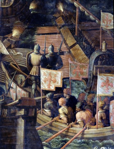 Zeeslag tussen Florence en Pisa. Detail. Cinquecento woonkamer plafond. Maniëristisch schilderij door Giorgio Vasari (1511-1574), 1565. Palazzo Vecchio (Palazzo della Signoria) Florence door Giorgio Vasari