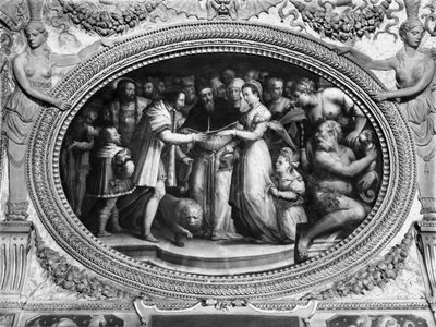 Paus Clemens VII (1478-1534) trouwt met Catherine de Medici (1519-1589) en Henri II van Frankrijk (1519-59) 28 oktober 1533, uit de Sala di Clemente VII door Giorgio Vasari