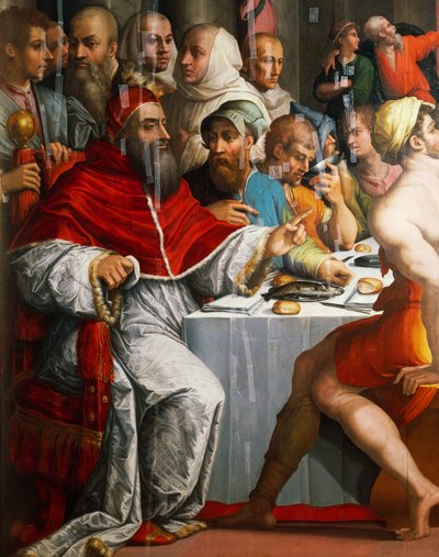 Paus Clemens VII in de gedaante van San Gregorio, detail van het diner van Sint Gregorius de Grote door Giorgio Vasari