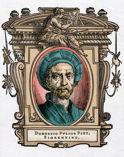 Portret van Domenico PULIGO [1492-1527] Italiaanse schilder. Gravure van het werk Levens van de meest uitstekende schilders, beeldhouwers en architecten (Le Vite de