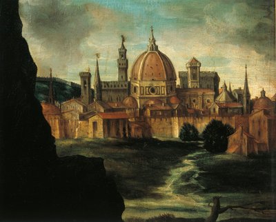 Portret van hertog Alexander De Medici, detail: stad Florence door Giorgio Vasari