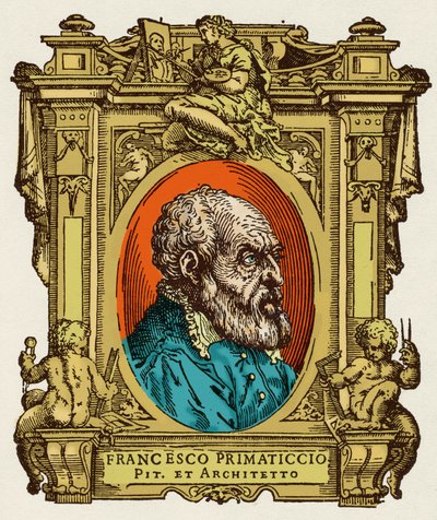Portret van Francesco Primaticcio bekend als De Primatice (1504-1570) schilder, beeldhouwer en architect. Hij was lid van de Ecole de Fontainebleau. Gravure van het verdrag "Levens van de meest uitstekende schilders, beeldhouwers en architecten" (Le Vite d door Giorgio Vasari