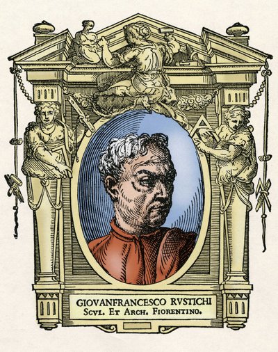 Portret van Giovan Francesco RUSTICI (1474 - 1554) Italiaanse beeldhouwer en architect. Gravure van het werk Levens van de meest uitstekende schilders, beeldhouwers en architecten (Le Vite de