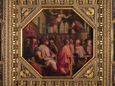 Toespraak van Antonio Giacomini voor de oorlog tegen Pisa in de Sala dei Duecento door Giorgio Vasari