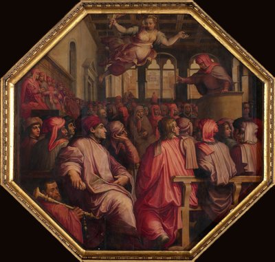 Toespraak van Antonio Giacomini voor de oorlog tegen Pisa in de Sala dei Duecento, 1563-1565 door Giorgio Vasari
