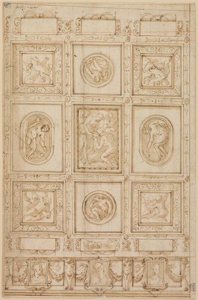 Studie voor een Plafonddecoratie, met Rebecca en Eliezer bij de Bron (recto); Studie voor een Plafonddecoratie (verso) door Giorgio Vasari